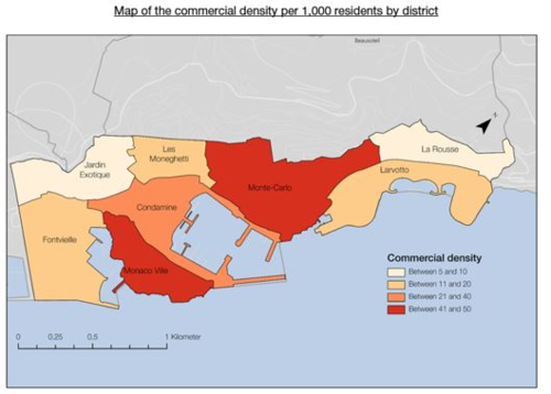 Map of the commercial density per 1.000 residents by district